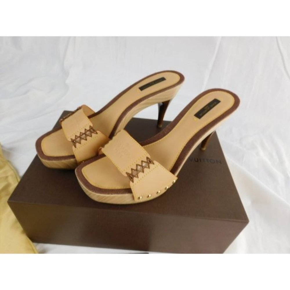 Louis Vuitton Beige Tan LOGO Leather Whip Stitch Studded Wood Mules/Slides size